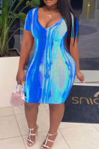 Blue Fashion Casual Print Basic V Neck Short Sleeve Dress Plus Size Dresses