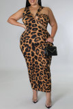Coffee Fashion Sexy Print Leopard Hollowed Out Patchwork V Neck Sleeveless Dress Plus Size Dresses