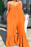 Orange Fashion Casual Solid Patchwork Backless Spaghetti Strap Plus Size Jumpsuits