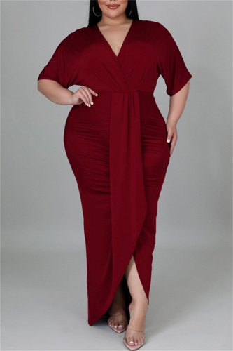 Burgundy Fashion Casual Solid Patchwork V Neck Short Sleeve Dress Plus Size Dresses