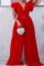 Red Fashion Casual Solid Split Joint O Neck Regular Jumpsuits (Without Belt)