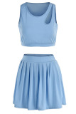 Light Blue Sexy Solid Hollowed Out Patchwork Fold Oblique Collar Sleeveless Two Pieces