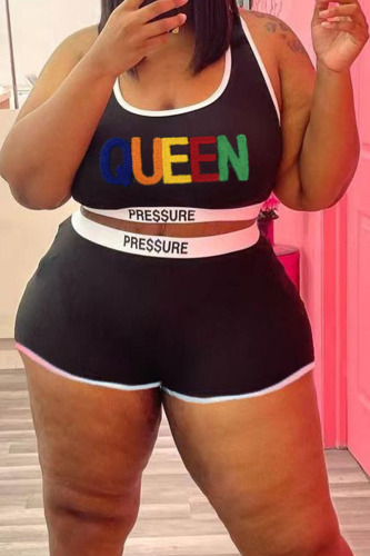 Black Casual Sportswear Solid Embroidered Patchwork U Neck Plus Size Two Pieces