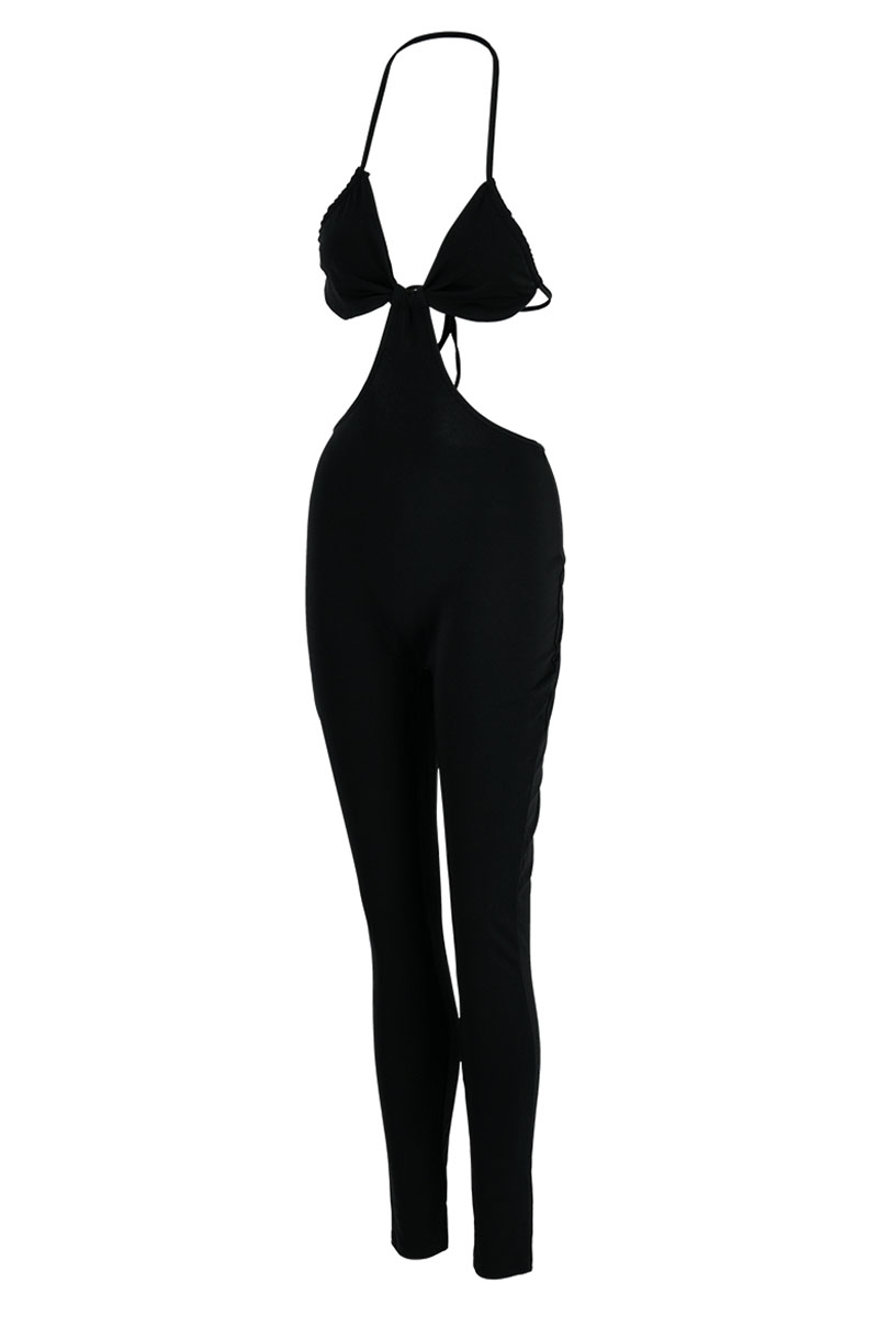 Black Sexy Solid Hollowed Out Split Joint Spaghetti Strap Regular Jumpsuitsjumpsuits 