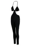 Black Sexy Solid Hollowed Out Patchwork Spaghetti Strap Regular Jumpsuits