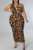 Coffee Fashion Sexy Print Leopard Hollowed Out Patchwork V Neck Sleeveless Dress Plus Size Dresses