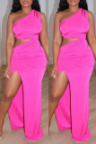 Rose Red Fashion Sexy Solid Hollowed Out Backless Slit One Shoulder Long Dress