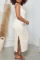 Cream White Fashion Casual Solid Slit Oblique Collar Short Sleeve Dress