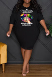 Black Casual Print Patchwork O Neck One Step Skirt Plus Size Dresses