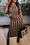 Brown Casual Striped Print Tassel Patchwork O Neck One Step Skirt Dresses