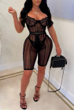 Black Fashion Sexy Solid Patchwork See-through Backless Spaghetti Strap Skinny Romper