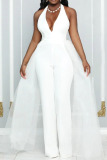 White Fashion Casual Solid Patchwork Backless Halter Skinny Jumpsuits