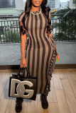 Brown Casual Striped Print Tassel Patchwork O Neck One Step Skirt Dresses