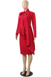 Red Casual Solid Patchwork Flounce Asymmetrical With Bow Asymmetrical Collar Plus Size Two Pieces
