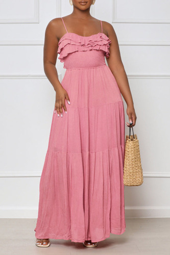 Pink Sexy Solid Bandage Patchwork Backless Stringy Selvedge Spaghetti Strap Straight Dresses