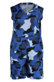 Blue Casual Print Camouflage Print Patchwork V Neck Plus Size Jumpsuits