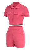 Pink Fashion Casual Solid Basic Zipper Collar Short Sleeve Two Pieces