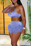 Baby Blue Sexy Solid Patchwork Feathers U Neck Two Pieces