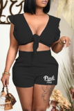 Black Sexy Print Bandage V Neck Two Pieces