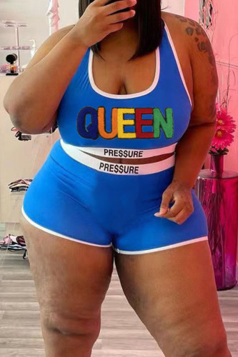 Blue Casual Sportswear Solid Embroidered Patchwork U Neck Plus Size Two Pieces