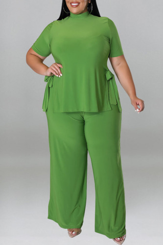 Green Casual Solid Patchwork O Neck Plus Size Two Pieces