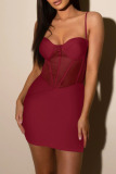 Burgundy Sexy Solid Patchwork See-through Spaghetti Strap Pencil Skirt Dresses
