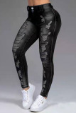 Grey Fashion Casual Solid Ripped Patchwork High Waist Skinny Denim Jeans