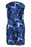 Blue Casual Print Camouflage Print Patchwork V Neck Plus Size Jumpsuits