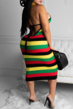 Multicolor Fashion Sexy Plus Size Striped Print Bandage Backless Halter Sling Dress