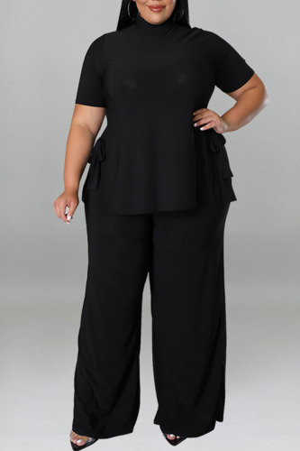 Black Casual Solid Patchwork O Neck Plus Size Two Pieces