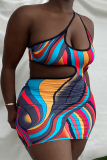 Multicolor Fashion Sexy Plus Size Print Backless One Shoulder Sleeveless Dress