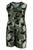 Army Green Casual Print Camouflage Print Patchwork V Neck Plus Size Jumpsuits