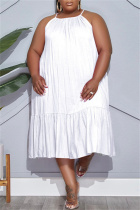 White Fashion Casual Plus Size Solid Bandage Split Joint O Neck Sleeveless Dress
