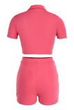 Pink Fashion Casual Solid Basic Zipper Collar Short Sleeve Two Pieces