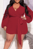 Black Casual Solid Patchwork V Neck Plus Size Jumpsuits(The Belt Is A Different Color)