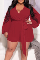 Red Casual Solid Split Joint V Neck Plus Size Jumpsuits