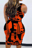 Tangerine Red Fashion Casual Plus Size Print Basic O Neck Sleeveless Dress