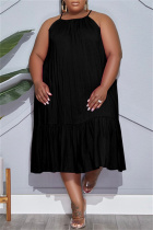 Black Fashion Casual Plus Size Solid Bandage Split Joint O Neck Sleeveless Dress