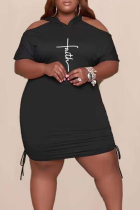 Black Casual Print Split Joint Hooded Collar Pencil Skirt Plus Size Dresses