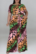 Pink Casual Print Bandage Split Joint O Neck Plus Size Two Pieces