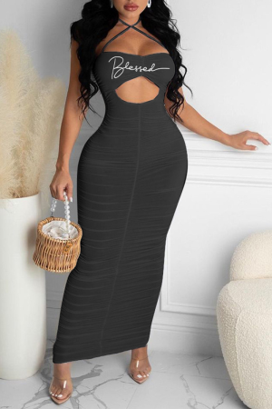 Black Fashion Print Hollowed Out Halter Pencil Skirt Dresses