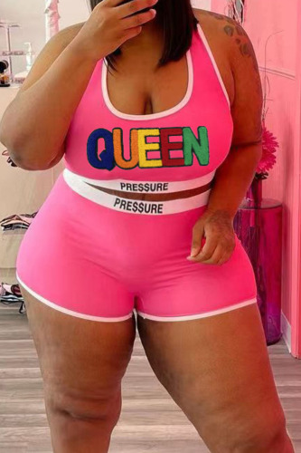 Pink Casual Sportswear Solid Embroidered Patchwork U Neck Plus Size Two Pieces