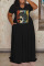 Black Casual Print Split Joint V Neck Straight Plus Size Dresses