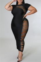 Black Fashion Sexy Plus Size Solid Ripped Hollowed Out O Neck Short Sleeve Dress