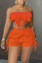 Tangerine Red Sexy Solid Tassel Split Joint Strapless Sleeveless Two Pieces