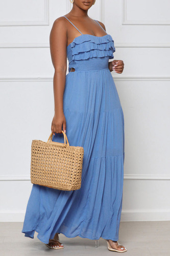 Blue Sexy Solid Bandage Patchwork Backless Stringy Selvedge Spaghetti Strap Straight Dresses