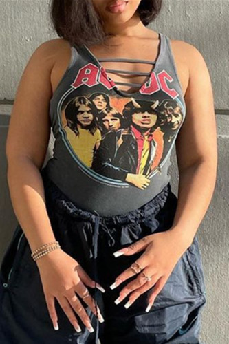 Grey Sexy Casual Print Hollowed Out V Neck Tops