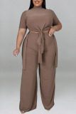 Coffee Casual Solid Patchwork O Neck Plus Size Two Pieces