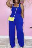 Light Blue Fashion Casual Solid Backless Spaghetti Strap Regular Jumpsuits
