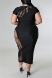 Black Fashion Sexy Plus Size Solid Ripped Hollowed Out O Neck Short Sleeve Dress